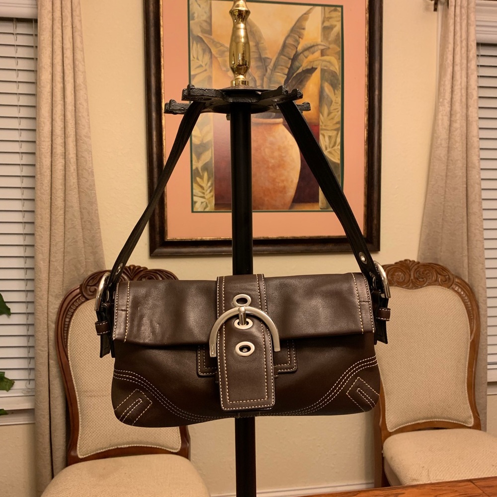 Coach Hershy Brown Leather Soho Flap Satchel.